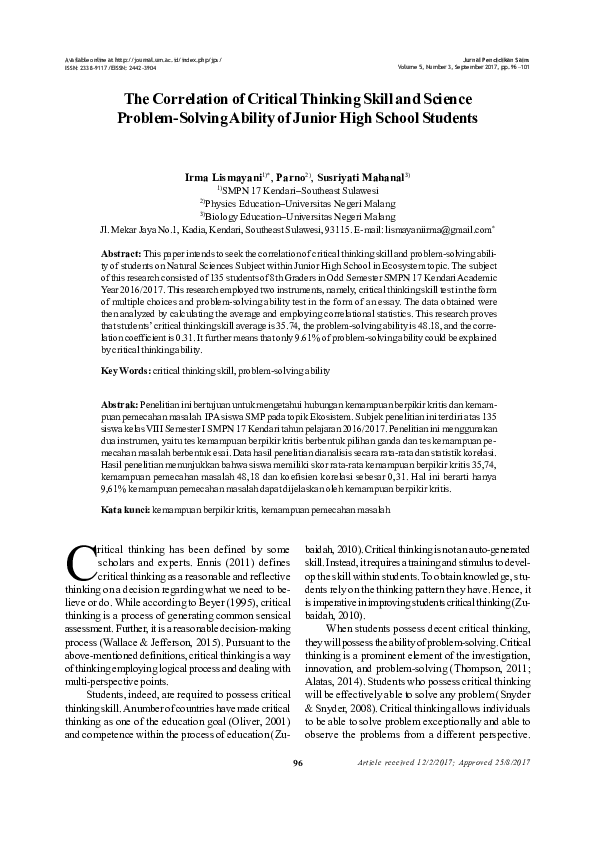 (PDF) The Correlation of Critical Thinking Skill and Science Problem ...