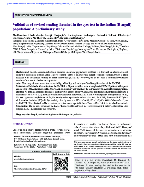 (PDF) Validation of revised reading the mind in the eyes test in the ...