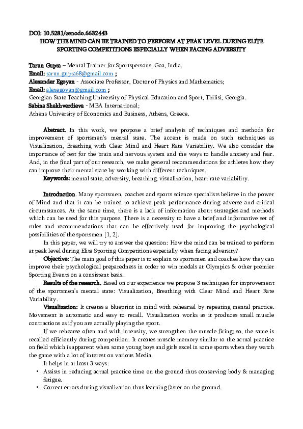 (PDF) How the Mind Can Be Trained to Perform at Peak Level During Elite