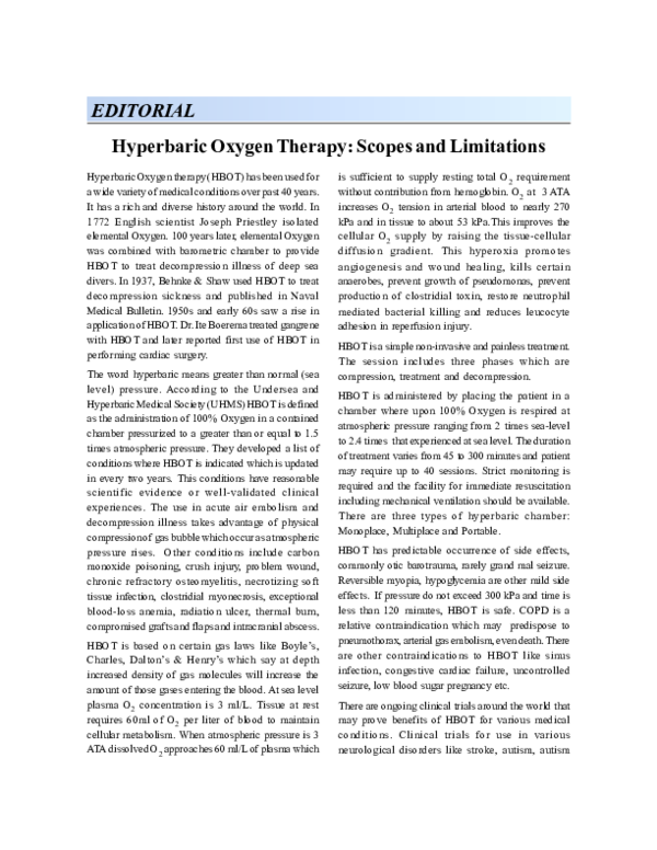 (PDF) Hyperbaric Oxygen Therapy: Scopes and Limitations | Rayhana Awwal ...