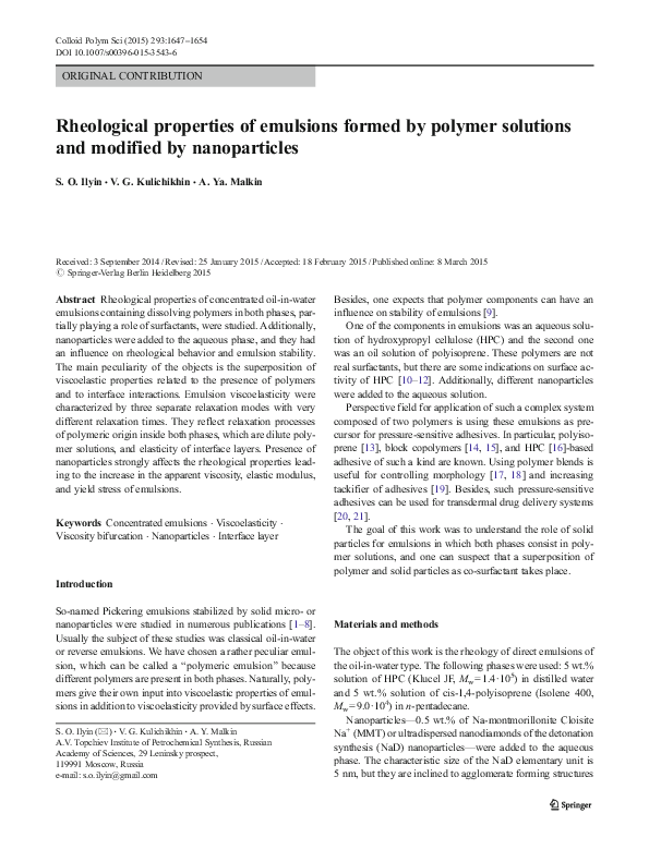 (PDF) Rheological properties of emulsions formed by polymer solutions ...