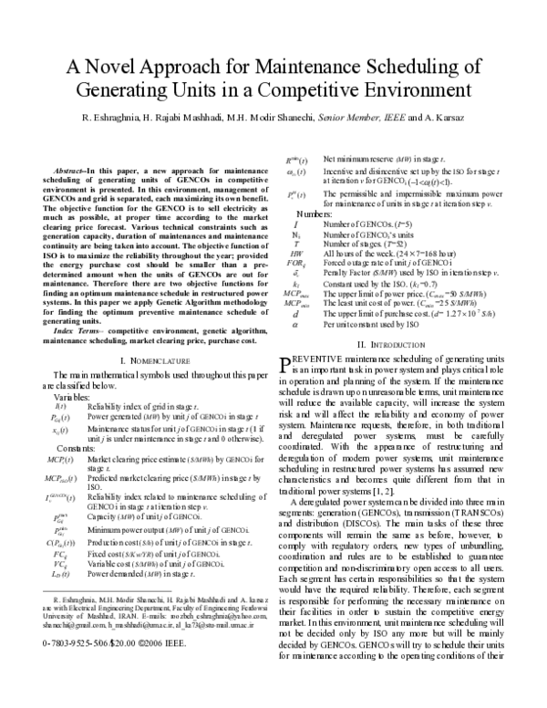 (PDF) A Novel Approach for Maintenance Schedule of Generating Units in ...