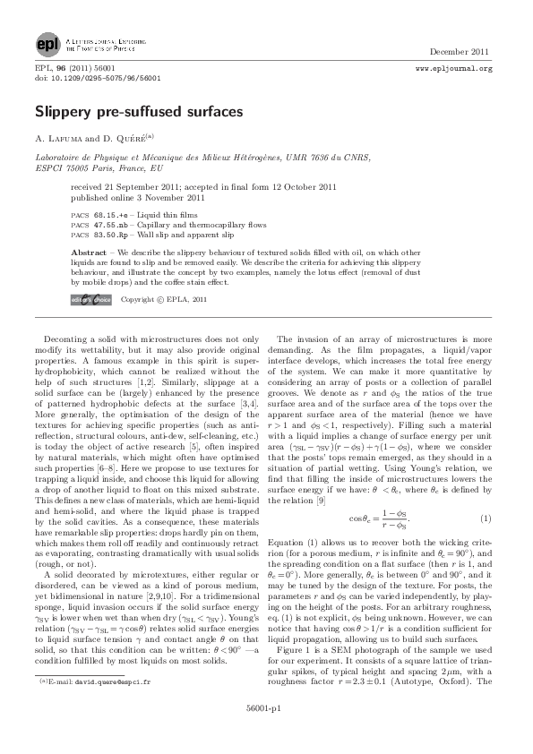 (PDF) Slippery pre-suffused surfaces