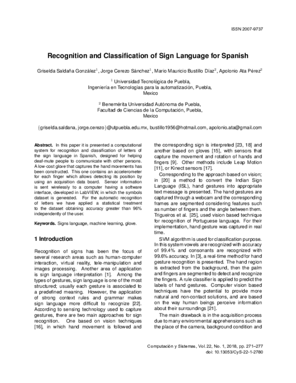 (PDF) Recognition and Classification of Sign Language for Spanish