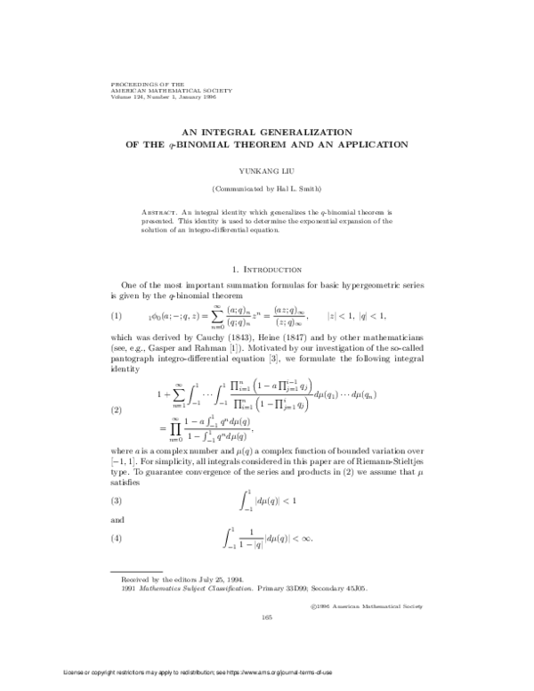 (PDF) An integral generalization of the 𝑞-binomial theorem and an ...