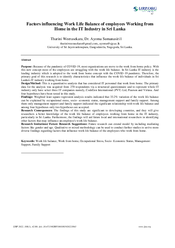 (PDF) Factors Influencing Work Life Balance of Employees Working from ...