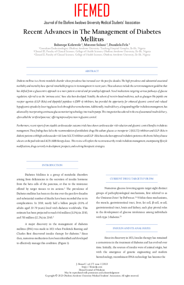 (PDF) Recent Advances in The Management of Diabetes Mellitus