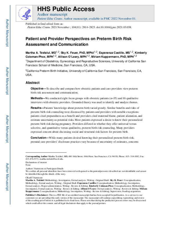 (PDF) Patient and provider perspectives on preterm birth risk ...
