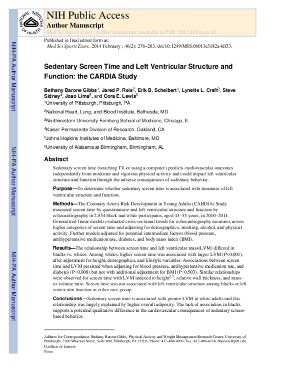 (PDF) Sedentary Screen Time and Left Ventricular Structure and Function