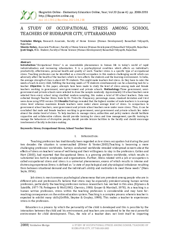 (PDF) A Study of Occupational Stress Among School Teachers of Rudrapur ...