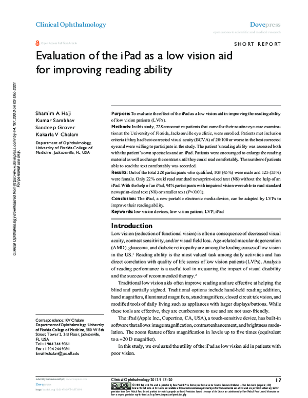(PDF) Evaluation of the iPad as a low vision aid for improving reading ...