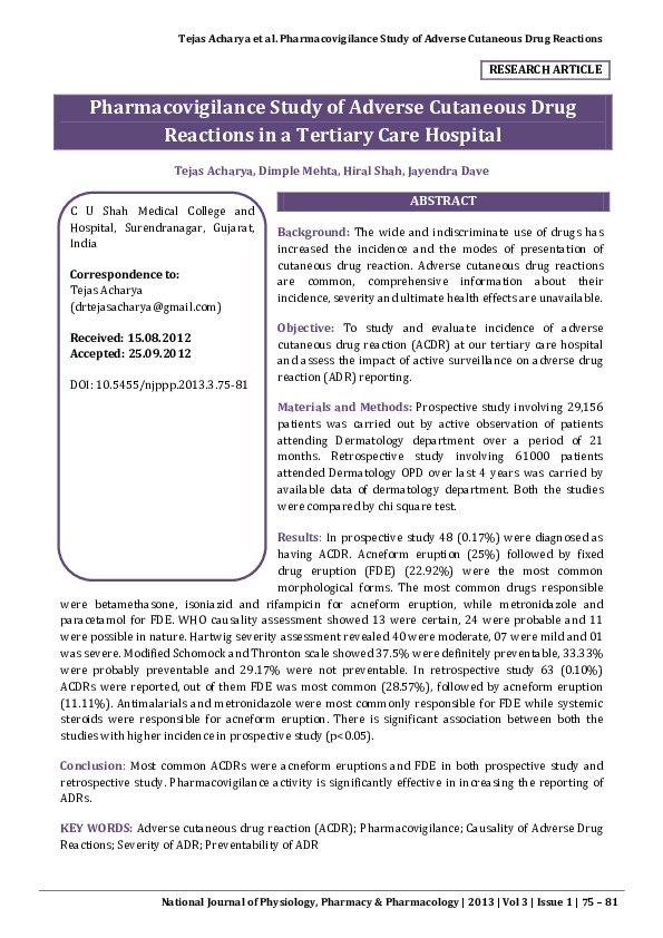 (PDF) Pharmacovigilance study of adverse cutaneous drug reactions in a ...