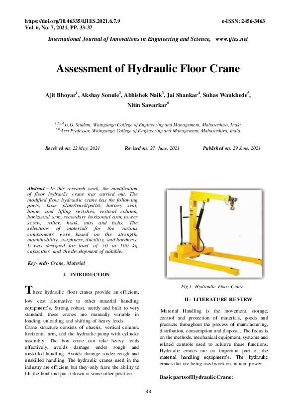 (PDF) Assessment of Hydraulic Floor Crane Suhas Wankhede Academia.edu