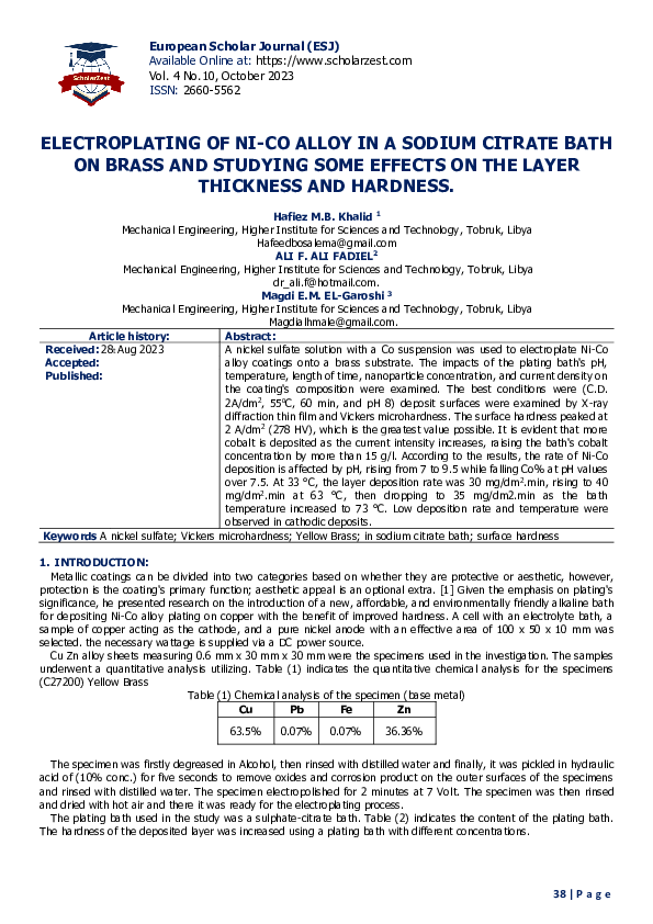 (PDF) ELECTROPLATING OF NI-CO ALLOY IN A SODIUM CITRATE BATH ON BRASS ...