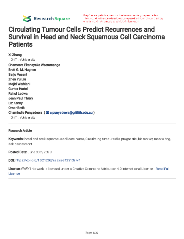 (PDF) Circulating Tumour Cells Predict Recurrences and Survival in Head ...