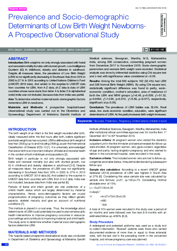 (PDF) Prevalence and Socio-demographic Determinants of Low Birth Weight ...