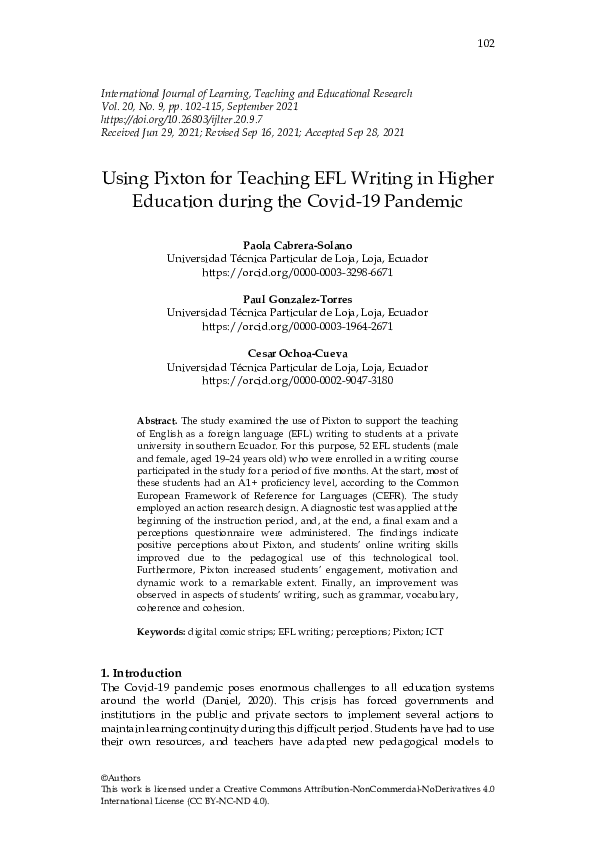 (PDF) Using Pixton for Teaching EFL Writing in Higher Education during ...