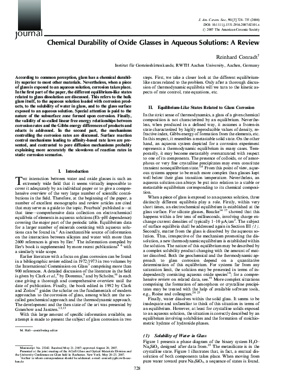 (PDF) Chemical Durability of Oxide Glasses in Aqueous Solutions: A Review