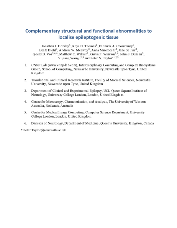 (PDF) Complementary structural and functional abnormalities to localise ...