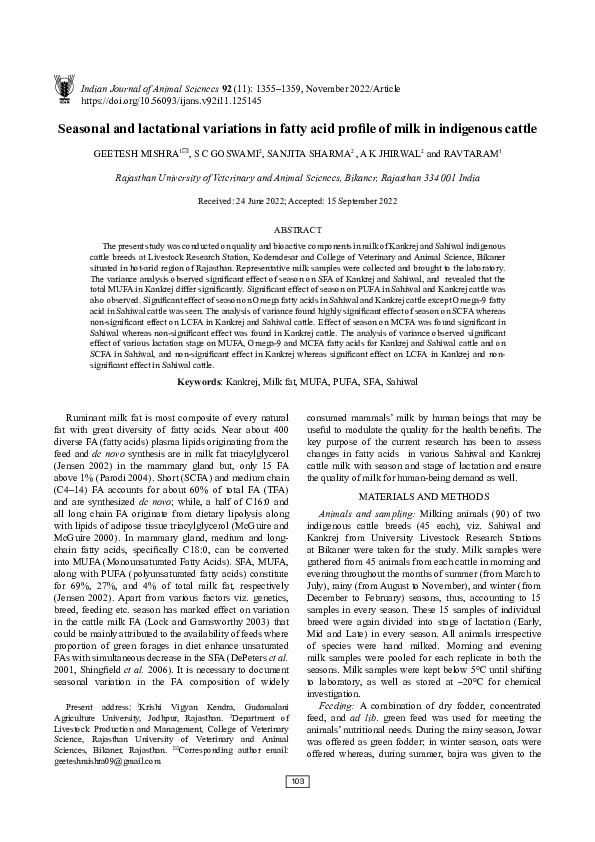 (PDF) Seasonal and lactational variations in fatty acid profile of milk ...