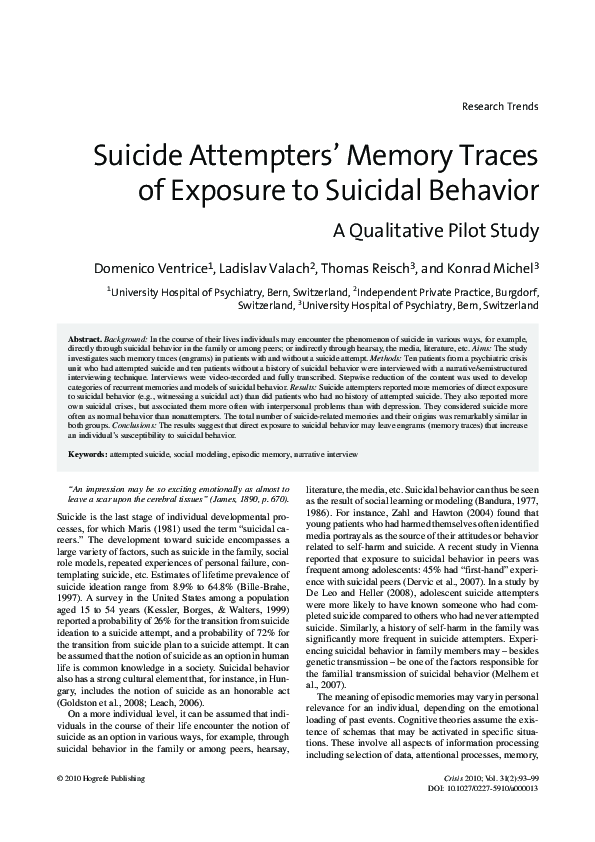 (PDF) Suicide Attempters’ Memory Traces of Exposure to Suicidal Behavior