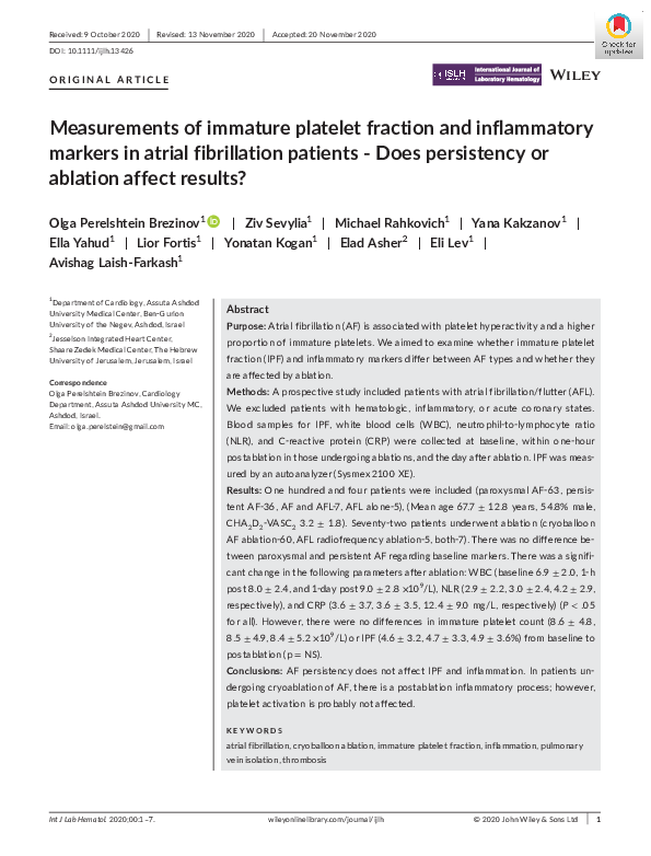 (PDF) Measurements of immature platelet fraction and inflammatory ...