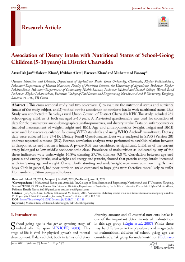 (PDF) Association of Dietary Intake with Nutritional Status of School ...