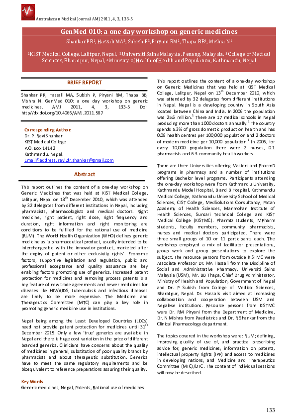(PDF) GenMed 010: a one day workshop on generic medicines