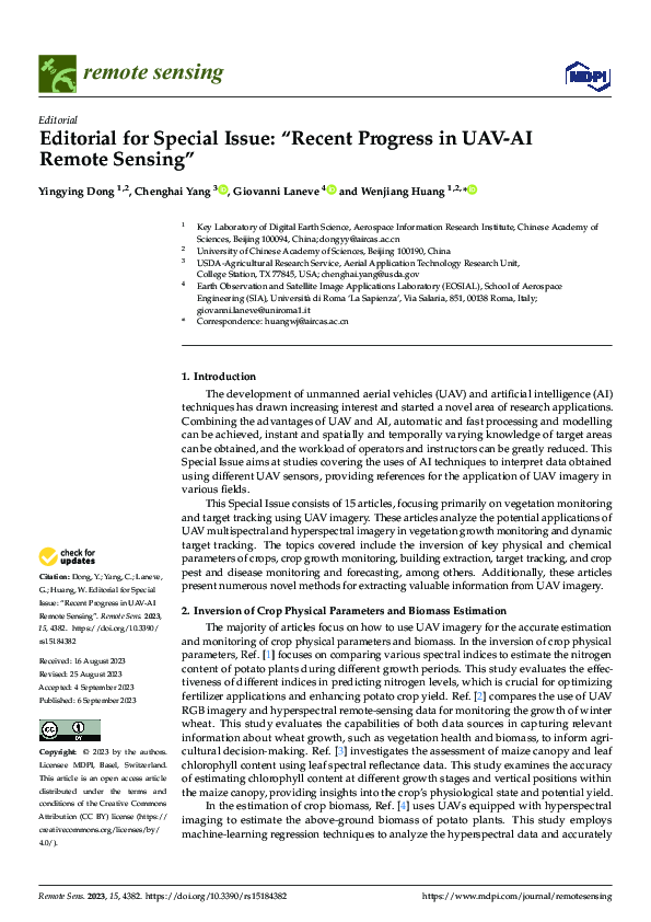 (PDF) Editorial for Special Issue: “Recent Progress in UAV-AI Remote ...