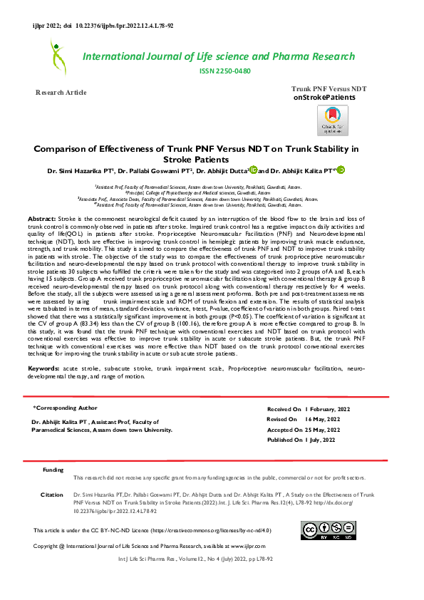 (PDF) Comparison of Effectiveness of Trunk PNF Versus NDT on Trunk ...