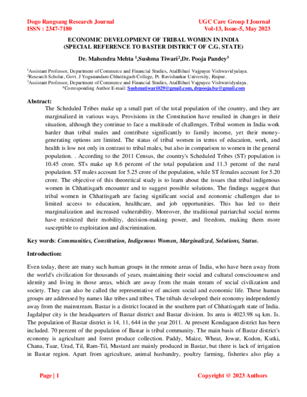 (PDF) ECONOMIC DEVELOPMENT OF TRIBAL WOMEN IN INDIA (SPECIAL REFERENCE ...