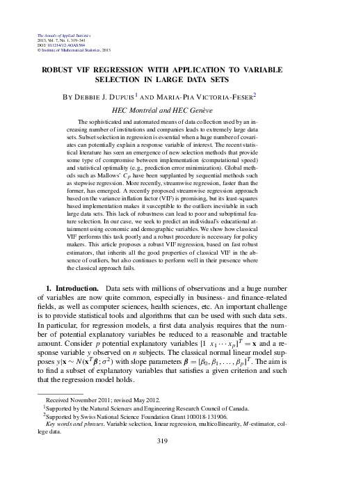 (PDF) Robust VIF regression with application to variable selection in ...