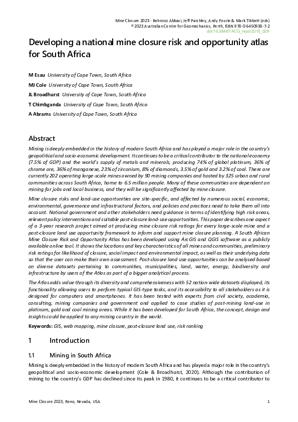 (PDF) Developing a national mine closure risk and opportunity atlas for ...