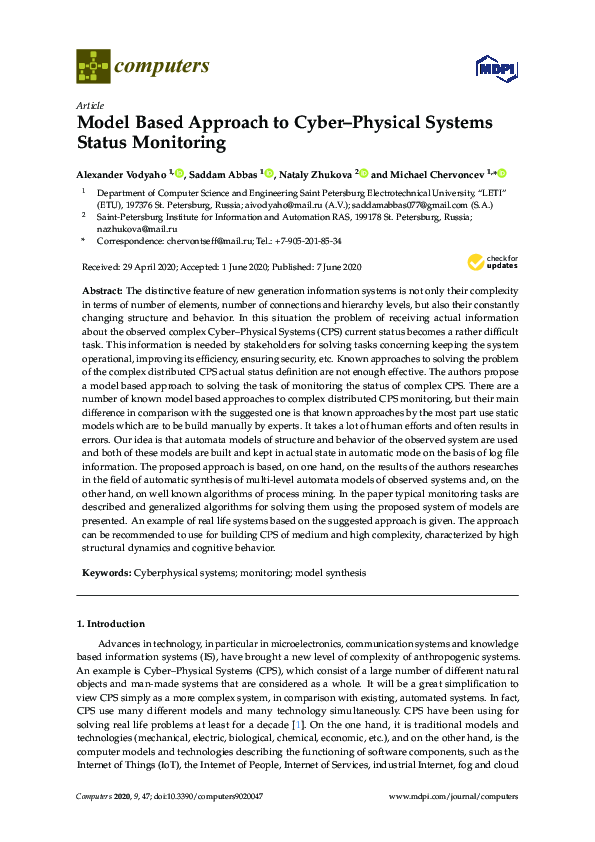 (PDF) Model Based Approach to Cyber–Physical Systems Status Monitoring