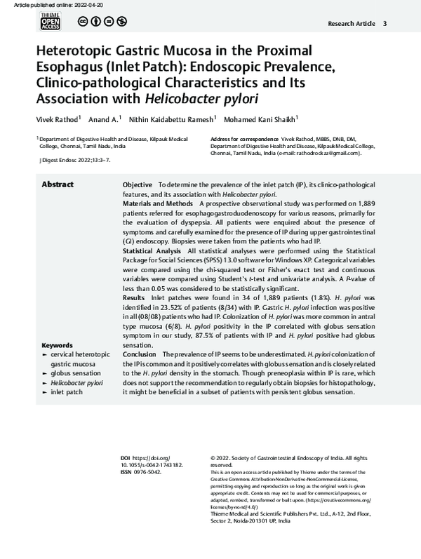 (PDF) Heterotopic Gastric Mucosa in the Proximal Esophagus (Inlet Patch ...
