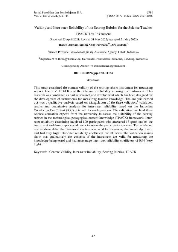 (PDF) Validity and Inter-rater Reliability of the Scoring Rubrics for ...