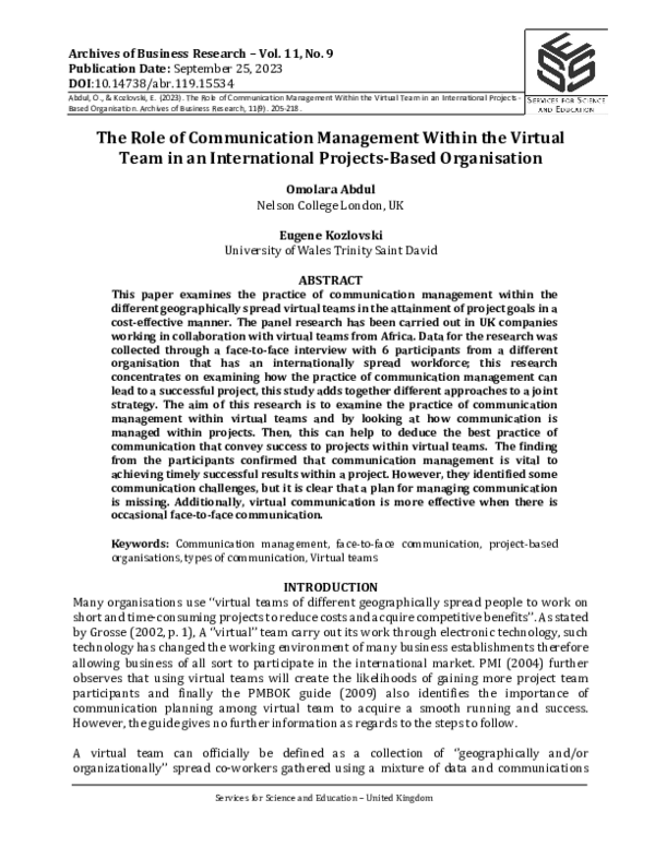 (PDF) The Role of Communication Management Within the Virtual Team in ...
