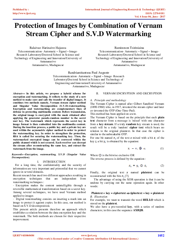 (PDF) Protection of Images by Combination of Vernam Stream Cipher and S ...