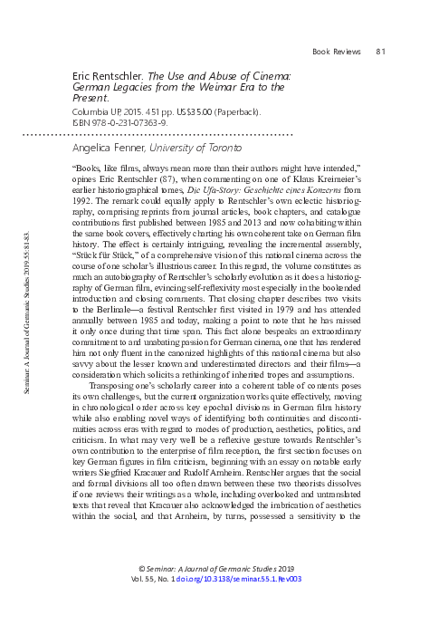(PDF) Eric Rentschler. The Use and Abuse of Cinema: German Legacies ...