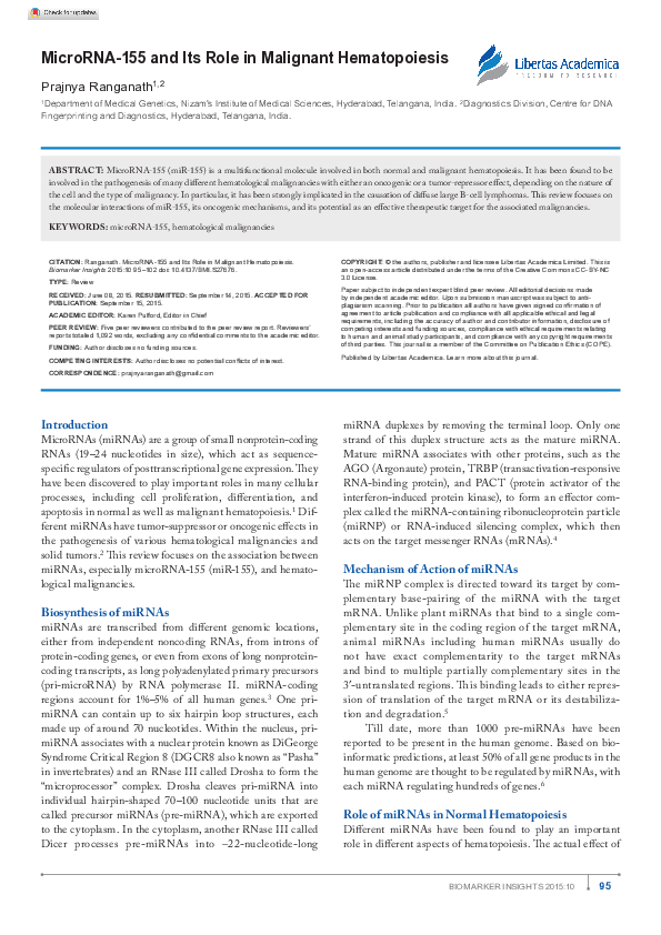(PDF) MicroRNA-155 and Its Role in Malignant Hematopoiesis