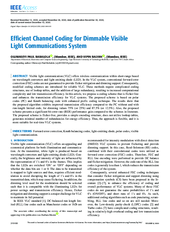 (PDF) Efficient Channel Coding for Dimmable Visible Light