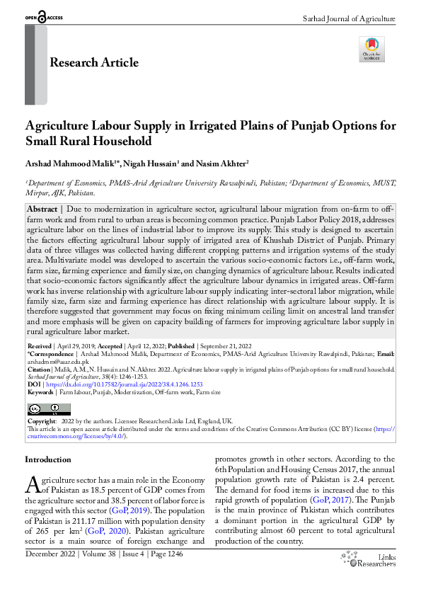 (PDF) Agriculture Labour Supply in Irrigated Plains of Punjab Options ...