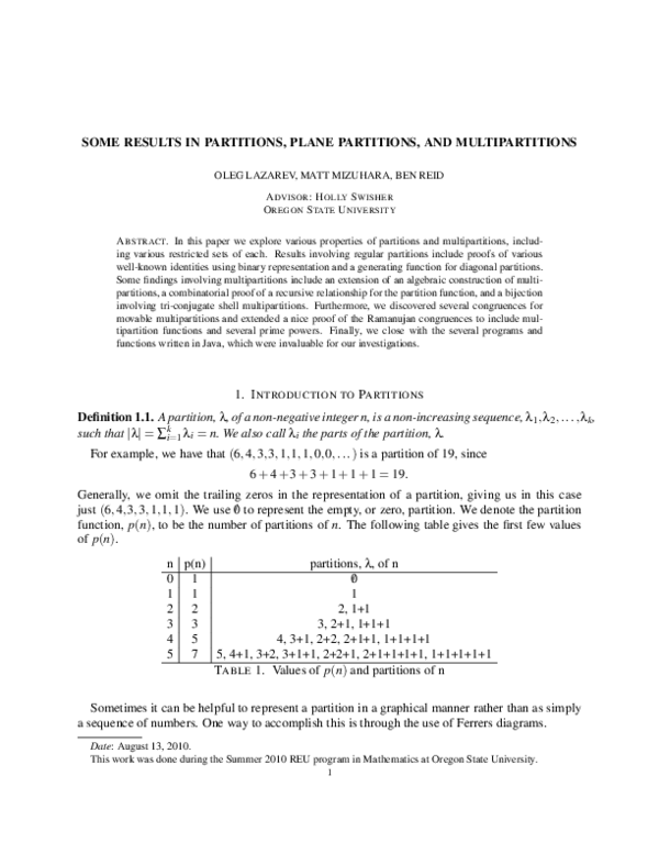 (PDF) Some Results in Partitions, Plane Partitions, and Multipartitions