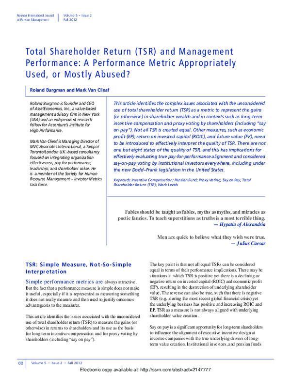 (PDF) Total Shareholder Return (TSR) and Management Performance: A ...