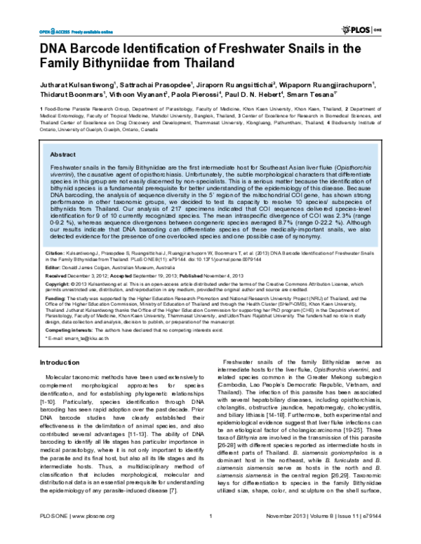 (PDF) DNA Barcode Identification of Freshwater Snails in the Family ...
