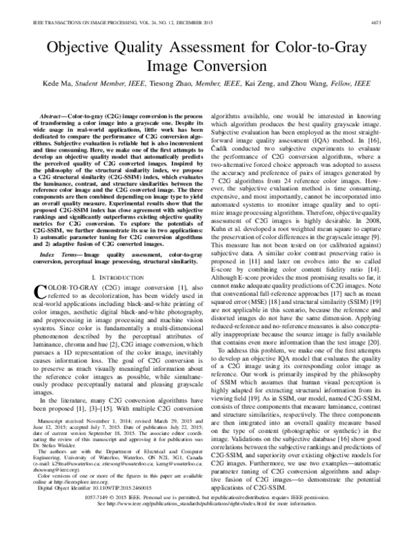 (PDF) Objective Quality Assessment for Color-to-Gray Image Conversion