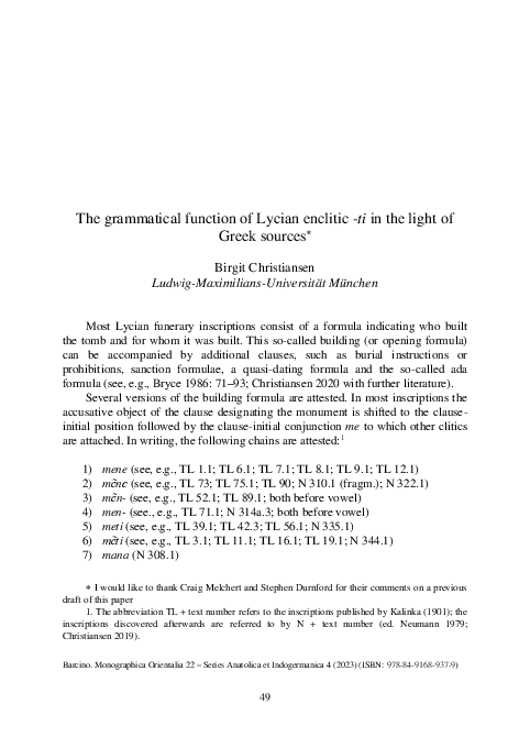 (PDF) Christiansen 2023 The grammatical function of Lycian enclitic -ti ...