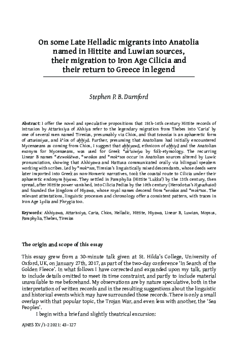 (PDF) On some Late Helladic migrants into Anatolia named in Hittite and ...