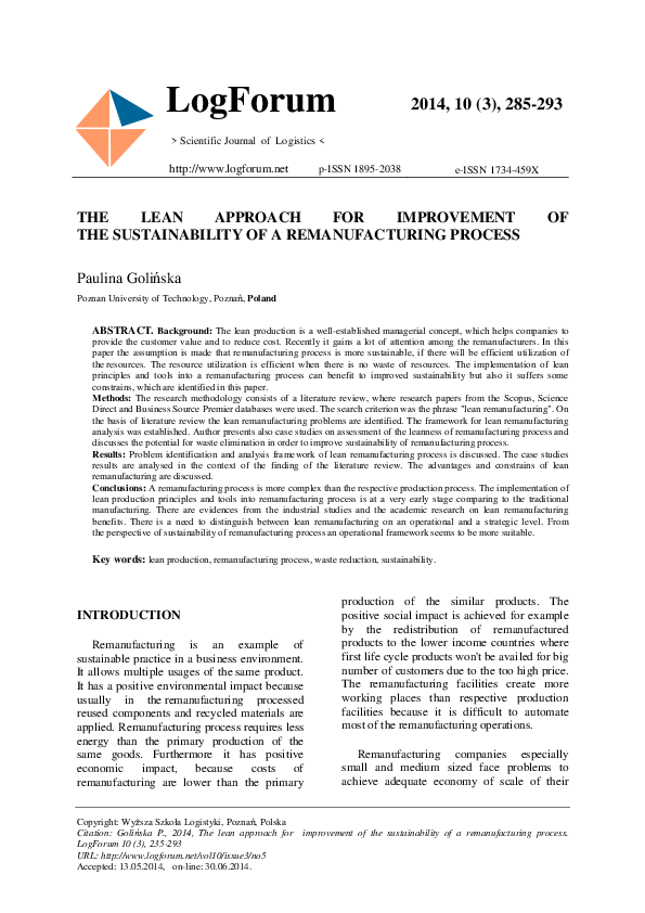 (PDF) The Lean Approach for Improvement of the Sustainability of a ...