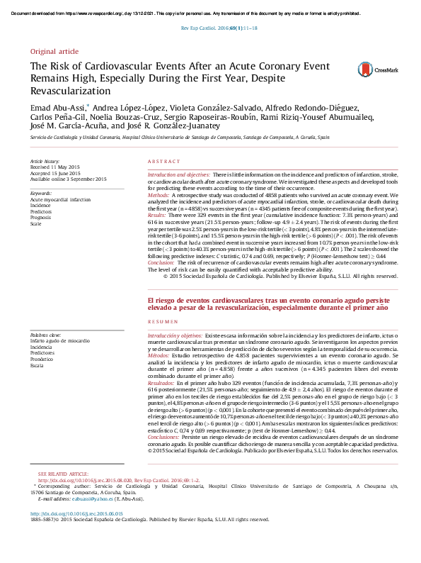 (PDF) The Risk of Cardiovascular Events After an Acute Coronary Event ...